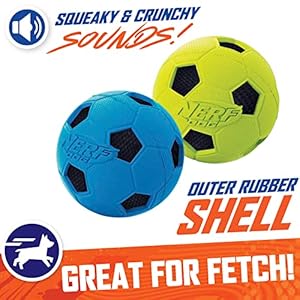 Nerf dog soccer ball dog toy with interactive crunch lightweight durable and water resistant 3 inches for smallmediumlarge breeds two pack blue and green  urban country home decor