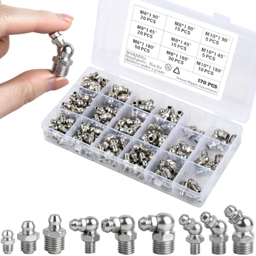 DODUOS 170 Stück Schmiernippel Sortiment Kit M6 M8 M10 Gerade Abgewinkelt 4590 Abschmiernippel Kegelnippel Set Vernickeltes Eisen Schmiernippel Set für Schmierpressen mit Aufbewahrungsbox