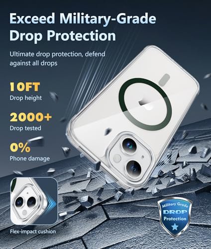 Image of FNTCASE for iPhone 14 Plus Case: Clear Magnetic Phone Cases Compatible with Magsafe Slim Anti Yellowing Military Grade Drop Protection Rugged Protective Transparent Cell Phone Cover (D-Green)