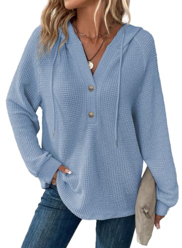 Image of Dokotoo Hoodies for Women Waffle Knit Button V Neck Casual Sweatshirt Tops