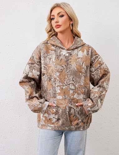 Image of Dsewpaur Camo Hoodie For Women Oversized Long Sleeve Drop Shoulder Fleece Hooded Sweatshirt Pullover With Pocket Outfits