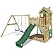 WICKEY Parque infantil de madera Smart Lodge 120 con columpio y tobogán verde, Casa de juegos de jardin con arenero y escalera para niños
