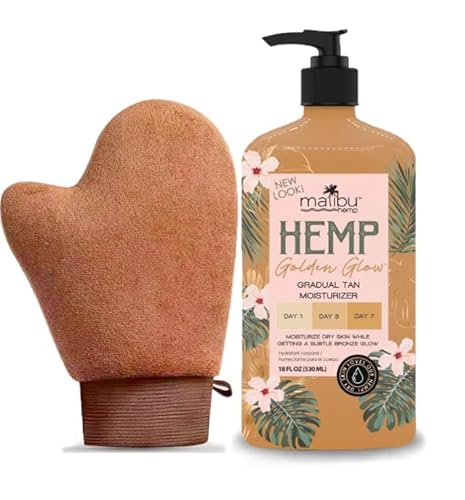 Malibu Hemp Golden Glow Gradual Tan Moisturizer, 18 Fl Oz, Tanning Mitten (Brown) Included (Mitt May Vary)
