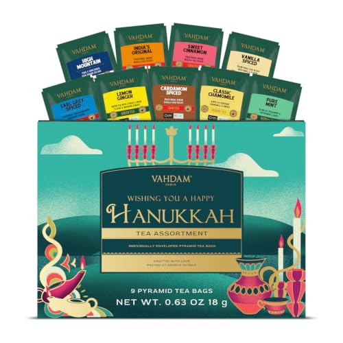 VAHDAM, Limited Edition - Hanukkah Tea Gift Basket | 9 Delicious Variety Pyramid Tea Bags | Perfect Hanukkah Gift for Friends and Family