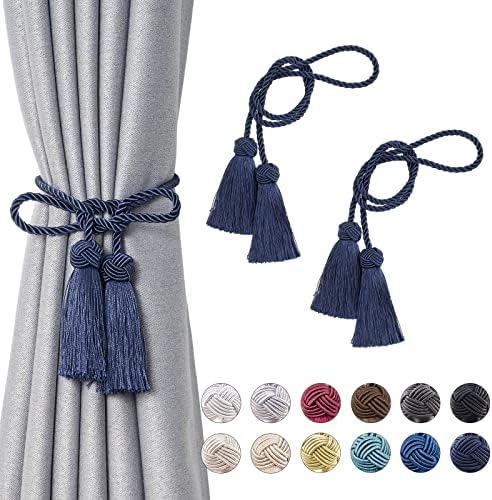 Pretty Jolly 2 Pack Double-ended Tassel Curtain Tiebacks Handmade Braided Rope Knot Drape Tie Backs European Style Decorative Curtain Holdbacks for Home & Office Window Drapery (Dark Blue)