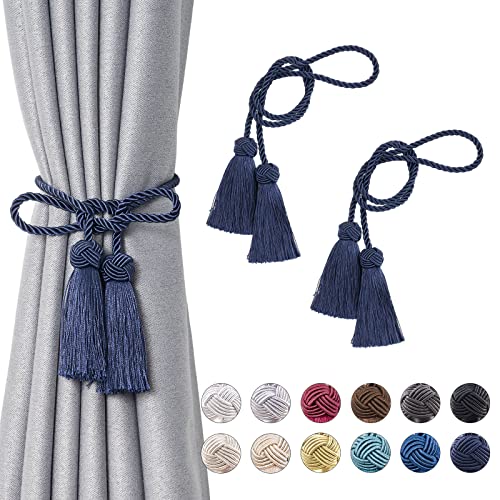 Pretty Jolly 2 Stück doppelte Quaste Vorhang Raffhalter handgemachte Seil Knoten drapieren Raffhalter Krawatte zurück Elegante dekorative Vorhanghalter für Haus & Büro Fenster Draperie (Dunkelblau)