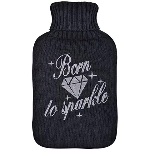Large Hot Water Bottle With Soft Knitted Black Cover White Embroidered Born To Sparkle Diamond Winter Nights Comfort Sleep Heat Therapy Bed Sofa Removable 2 Litre Natural Rubber 35cm Cover