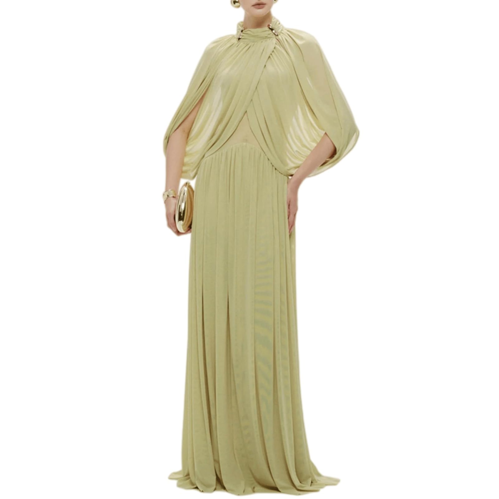 Damenkleid Frauen Elegantes Ruched Langes Kleid O Hals Kreuz Ärmel Form Fitting Cocktail Mit Metall Pin Detail Für Party Wear-01 Green-s