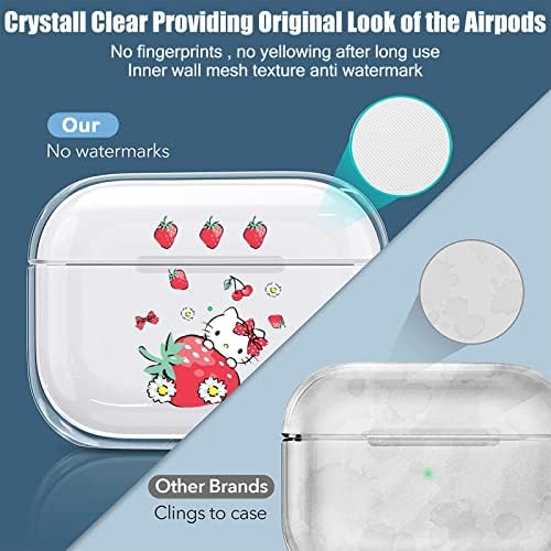 Cute Cartoon Case Compatible with AirPods Pro Clear with Strawberry Cat Design Cover with Funny Anime Keychain for Women Girls Kids Soft Silicone Cover for AirPod Pro