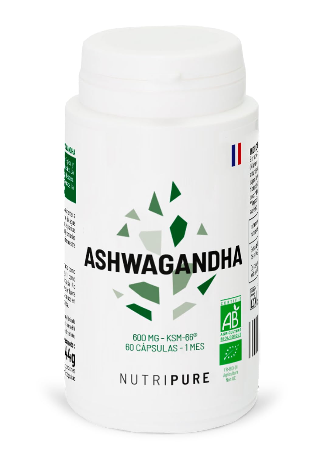 Nutripure | Ashwagandha Bio KSM66® | Planta Adaptógena del Ayurveda | Vegano | Complemento Alimentario Bienestar Intelectual y Físico | Estrés, Ansiedad | 60 Cápsulas | 1 Mes | Fabricado en Francia