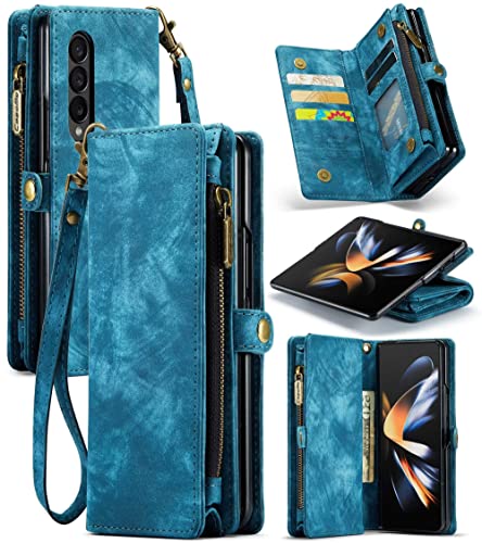 Coque pour Galaxy Z Fold 4 5G portefeuille bleu magnétique avec fermeture
