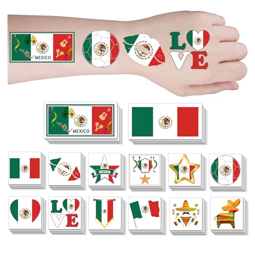 ZH BOCO ARTS 56Pcs Mexican flag Temporary Tattoos Waterproof for World Cup Adults Kids Mexico Flag Temporary Tattoos Face Body Art Stickers for Football Fans Sports Events Festival Party Supplies