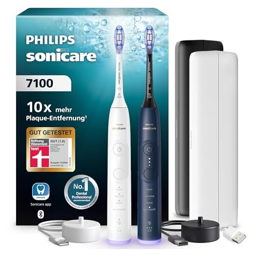 Philips Sonicare 7100 elektrische Zahnbürste, Schallzahnbürste mit App, 4 Putzmodi und 3 Intensitätsstufen, Andruckkontrolle, EasyStart, SmarTimer, Weiß und Marineblau, Zweierpack, HX7429/01