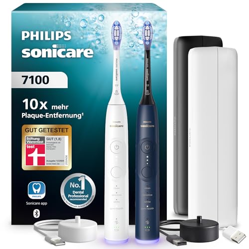 Philips Sonicare 7100 elektrische Zahnbürste, Schallzahnbürste mit App, 4 Putzmodi und 3 Intensitätsstufen, Andruckkontrolle, EasyStart, Weiß und Marineblau, 2er Pack, HX7429/01 [Neue Technologie]