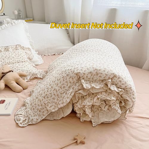 Image of BuLuTu Soft Cotton Muslin Duvet Cover Girls Kids Floral Duvet Cover Beige Crib Bedding Comforter Cover Quilt Cover, 47 inchx59 inch, Camellia Print (Pillowcases Not Included)
