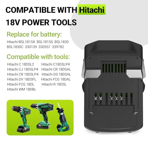 Image of 2Pack 4000mAh 18V Battery and Charger Compatible with Hitachi BSL1815X BSL1815S BSL1830 BSL1830C 330139 330557 339782,Replace for Hitachi 18V Battery
