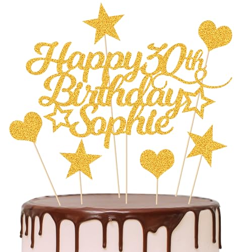 Personalised Happy Birthday Cake Topper Customised with Any Age Name Party Cake Decoration 16 18 21 40 60 Double Sided Glitter Card Gold