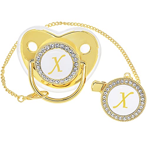 Image of Bling Personalized Golden Baby Pacifier with Pacifier Clips and Anti-dust Cover A-Z 26 Letters(Gold,X)