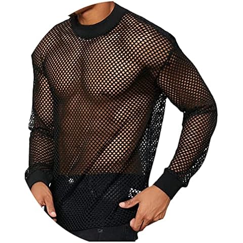ORANDESIGNE Herren Sexy Transparent T Shirt Glatt Gaze Slim Fit Tops Unterwäsche Reizwäsche Schwarz Unterhemd Netzstruktur Netzhemd Cover