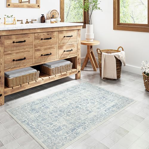 Blue Entryway Area Rug 2x3 Door Mat Machine Washable Kitchen Vintage Distressed Non Slip Carpet Indoor Retro Floral Accent Throw Small Rug for Bathroom Office Bedroom Dining Room