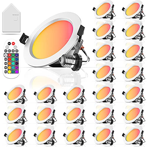 WiFi & Bluetooth Smart Recessed LED Downlight with Remote, Mowelai 4 Inch 9 Watts Retrofit White and RGB Smart Recessed Lighting Compatible with Alexa Google Home, 24 Pack