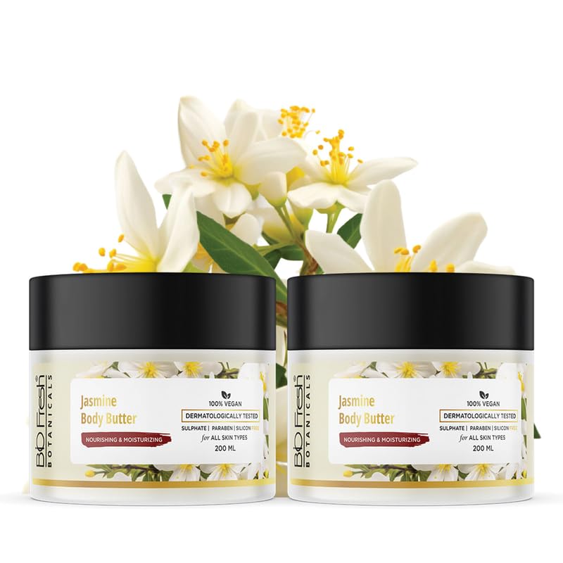 Image of BIOFRESH BOTANICALS Jasmine Body Butter - 200ml Hydrating Winter Cream for Dry & Cracked with Aloe, Murumuru Butter & Jasmine Extract Skin Anti-Aging Moisturizing Body Butter for Dry Skin (Pack of 2)