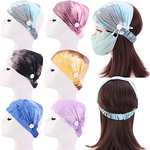 6 Pack Boho Wide Tie Dyeing Printing Headband with Button Elastic Turban Hair Band Yoga Head Wraps for Women and Girls