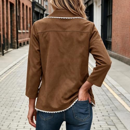 Faux Suede Jacket Women Trendy Casual Lace Scalloped Lapel Button Down Coat - image 6