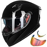 ILM Motorcycle Helmet Full Face with Pinlock Compatible Clear&Tinted Visors and Fins Street Bike Motocross Casco DOT(Gloss Black, Large)