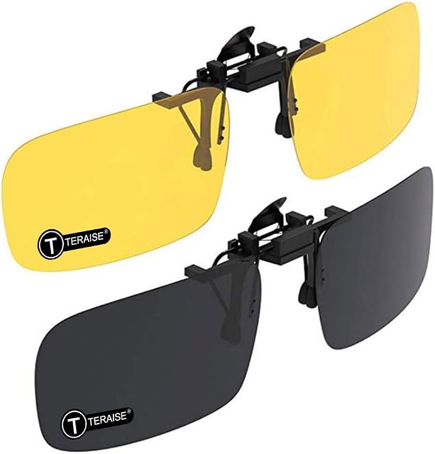 TERAISE Clip on Sunglasses,2-Pack/Day+Night Vision Men/Women UV400 Flip-Up Polarised Sunglasses,Convenient and Secure Fit over Prescription Eyeglasses Ideal for Driving and Outdoor/Fishing