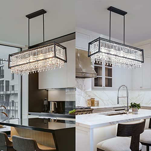 Image of LMQNINE Modern Rectangle Chandelier for Dining Room, Black Crystal Chandelier Linear Light Fixture, Farmhouse Chandeliers for Kitchen Island, Bar Table, L35.43'' x W11.81'' x H9.84''