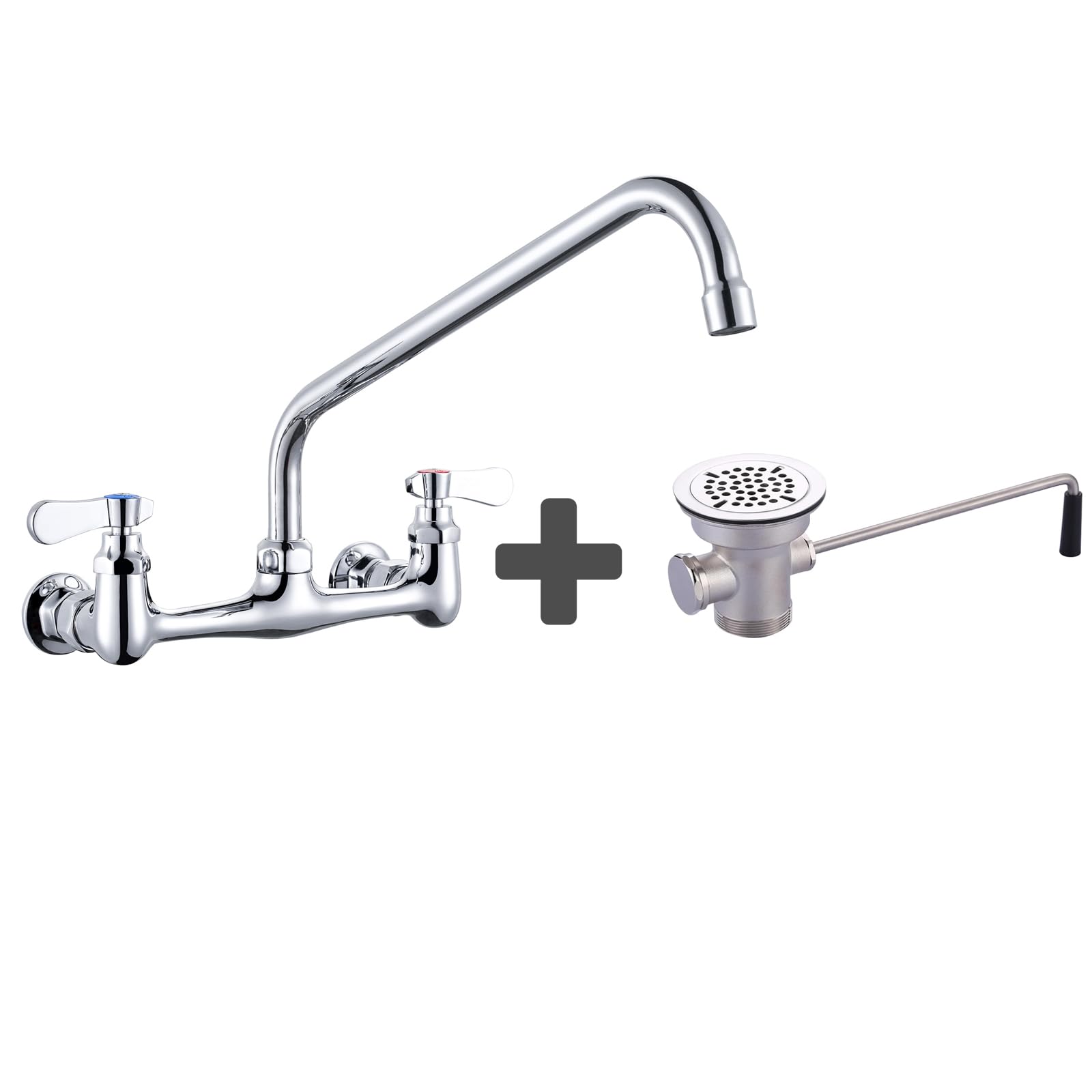 Sxithgkdw Commercial Sink Faucet With 14” Swivel Spout, 8" Center Wall Mount Kitchen Faucet & Commercial Sink Drain: 3-1/2" Sink Opening Waste Drain Valve - Brass Kitchen Sink Drain With Twist Handl