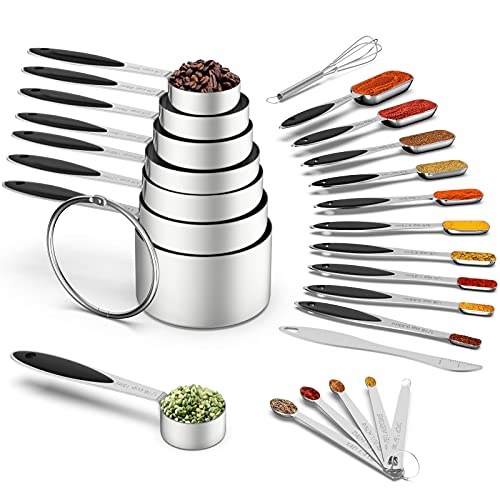 Measuring Cups and Measuring Spoons Set, Wildone Stainless Steel 8 Measuring Cups, 10 Measuring Spoons, 1 Leveler 1 Whisk & 5 Mini Spoons, for Dry and Liquid Ingredient - 25 Piece Black