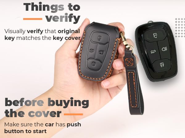 Image of Keyzone Leather Key Cover and Keychain Compatible for Tata Nexon | Harrier | Safari | Punch | Altroz | Tigor 4 Button Smart Key (Blue)