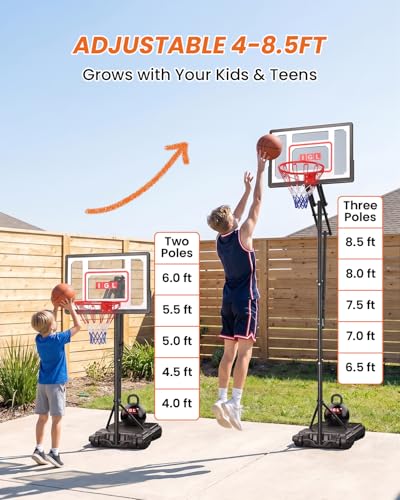 Image of IGL Kids Basketball Hoop Outdoor | 4-8.5ft Adjustable Height | 33 inch Shatterproof Backboard | Fillable Base & Extra Anchor | Portable Goal w /Wheels for Backyard Driveway