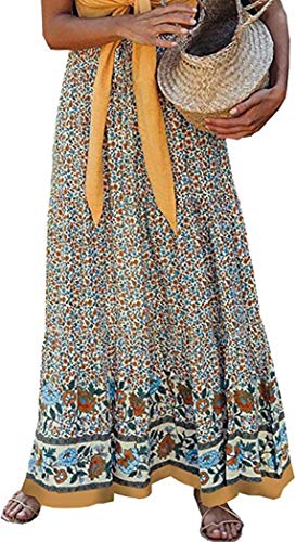 Women's Vintage Floral Print High Elastic Waist Pleased Long Maxi Boho Skirt (Apricot,S)