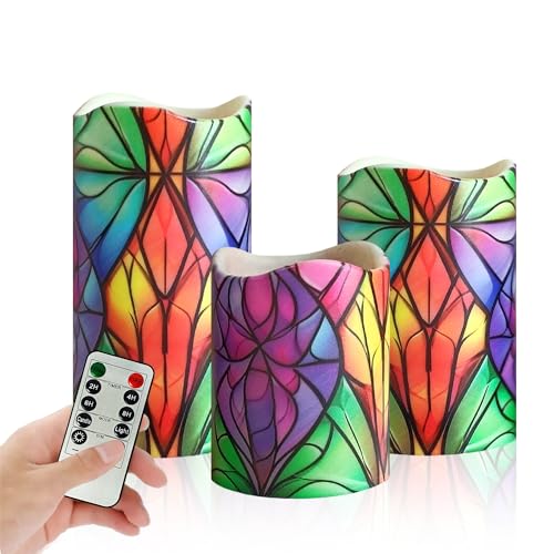 Image of Remote Flameless Candles-Set of 3 Stained Glass LED Pillar Candles Battery Operated Candle with Timer, 4 inch 5 inch 6 inch for Home Window Shelf Decor
