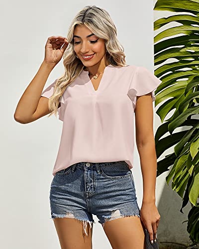 2 Pack Women's Tops Dressy Casual, Summer Ruffle Short Sleeve Top V Neck Tunic Top Blouses Loose Fitted T Shirt (White, Pink, Large) #TOP2