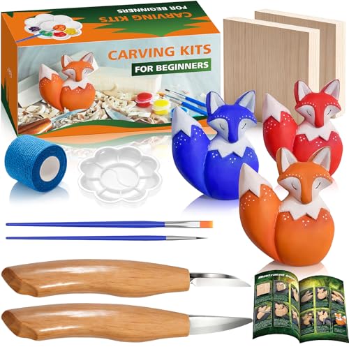 Fox Theme Wood Carving Kit for Beginners, Wood Whittling Kit for Kids and Adults Hobbies, Complete Carving Tool DIY Starter Kit with Step-by-Step Video Tutorials, Whittling Knife, Blocks, Carbon Paper