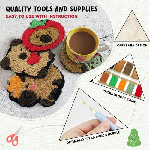 Image of 6pcs Capybara Punch Needle Coasters Kit for Beginners, Easy Art Work Embroidery Kit Latch Hook Kits for Adults, DIY Rug tufting kit with Adhesive Felt Yarns Hoop Instruction