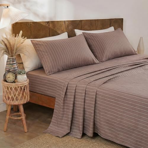 Image of Merryword Brown Pinstripe Sheet Set Queen Size - 100% Cotton Striped Bedding 4 Pieces, Soft Breathable Percale Weave, 17.5 inch Deep Pocket, Luxury Linen Like, All Season Comfort