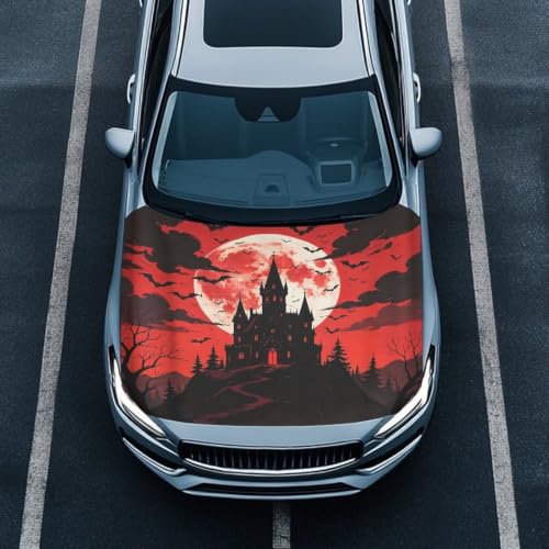 Image of Haunted Castle Bat Print Car Hood Cover Easy to Install Fabric Hood Cover Halloween Vehicles Decorate Engine Removable Automotive Accessories Personalized Suitable for Cars(59x39 Inch)