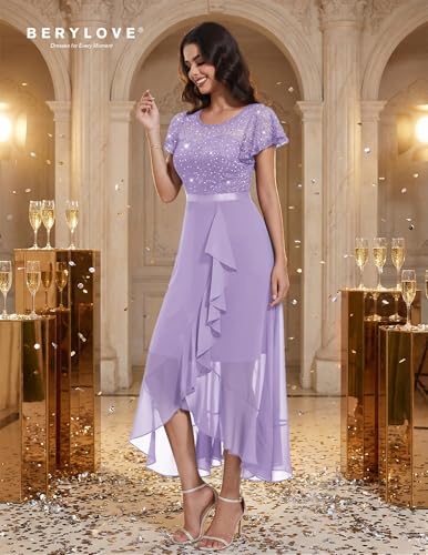 Image of BeryLove Formal Long Dresses for Women Wedding Guest Cocktail Bridesmaid | Airy Lace & Chiffon Evening Gown, Flutter Sleeve, Ideal for Mother of the Bride, Prom, Homecoming Party & Semi-Formal Events