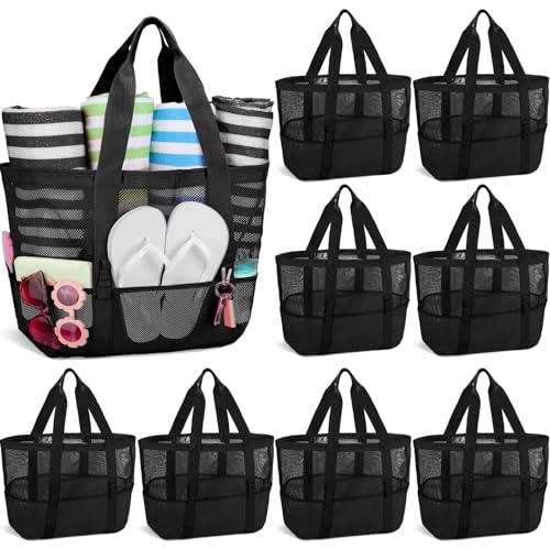 Image of Hillban Large Beach Mesh Bags Bulk for Women Beach Tote Bag with 8 Pocket Zipper Waterproof Sandproof for Pool Cruise Ship
