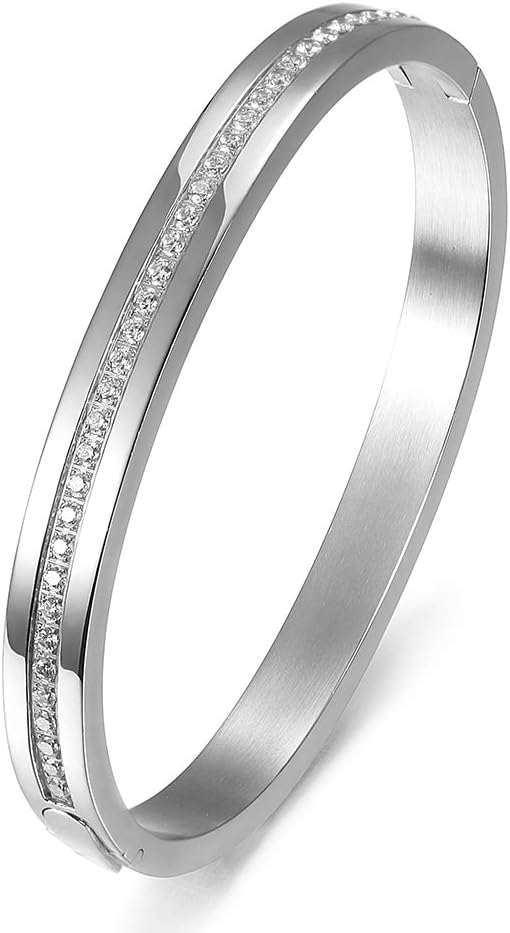 Cuff Bracelet with CZ for Women Stainless Steel Metal and Spring-Clasp Gold Silver Black Plated Chunky Cuff Bangle Jewelry for Girls Gift (CZ White)