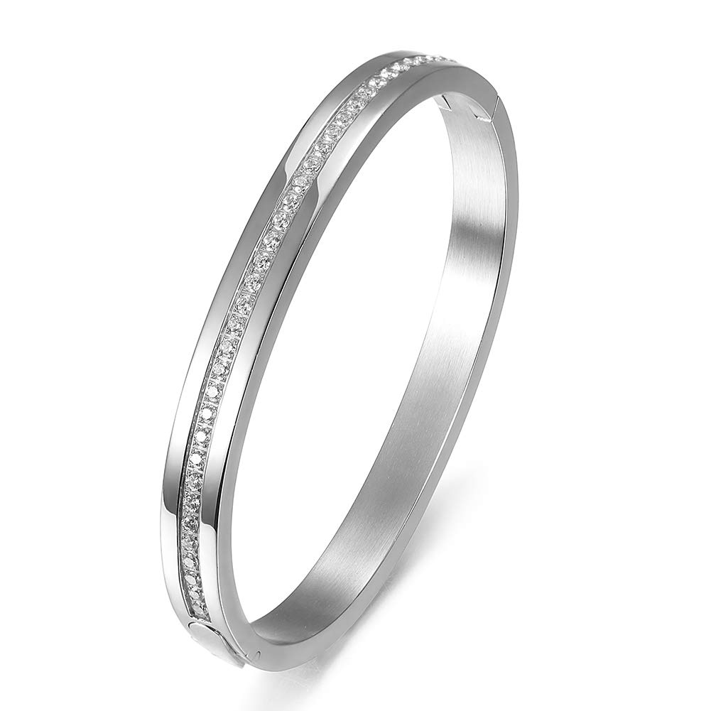 Cuff Bracelet with CZ for Women Stainless Steel Metal and Spring-Clasp Gold Silver Black Plated Chunky Cuff Bangle Jewelry for Girls Gift (CZ White)