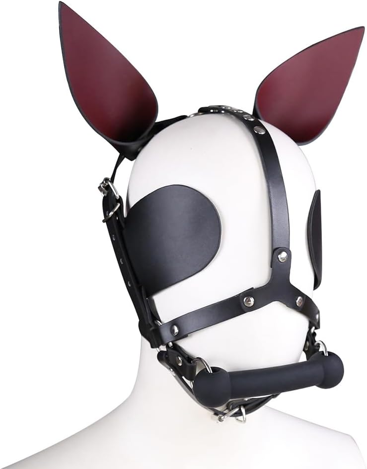 Genuine Leather Mouth Gag bone,Hood Party black Mask Head Bondage Harnes,Blindfold Cosplay Adult Sex Toys for Woman HS-048