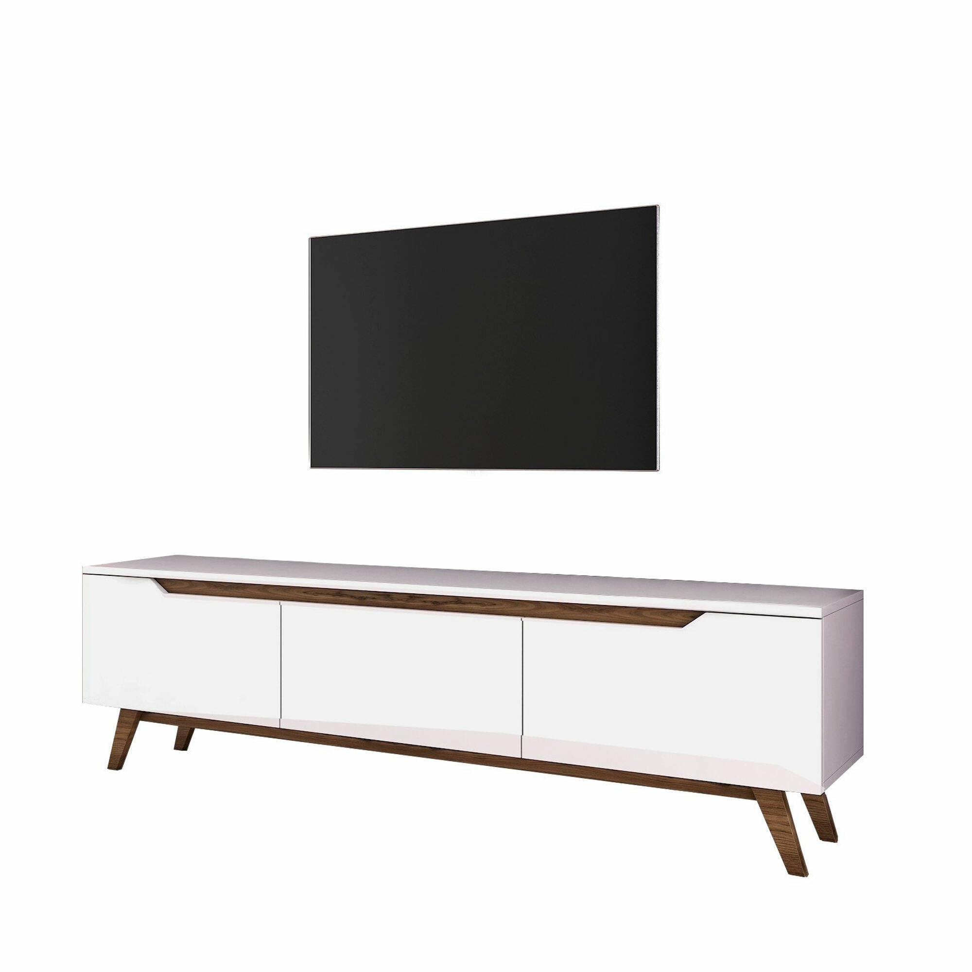 Dmora - Mobile porta TV Cor, Credenza da soggiorno, Armadio basso per TV, Base parete attrezzata, 180x35h49 cm, Bianco e Noce
