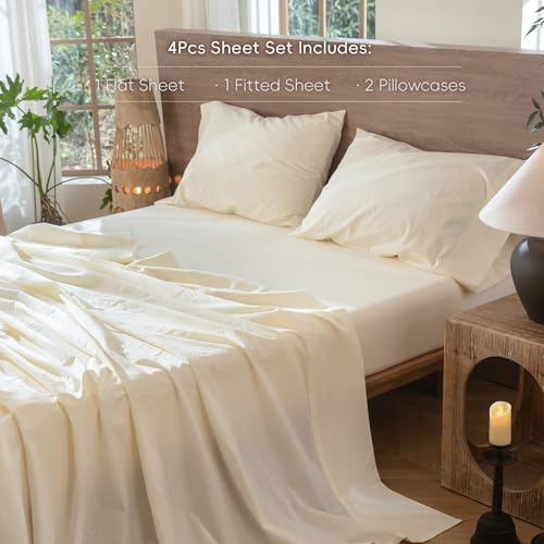 Image of MooMee Sheet Set 100% Washed Cotton Linen-Like Extra Deep Pocket Full | Relaxed Linen-like Texture. Soft, Breathable & Lightweight Comfort. 15-19 inch Extra Deep Pocket with All-around Elastic