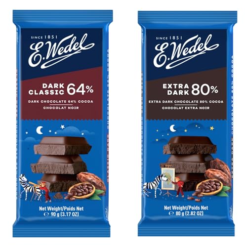 E.Wedel Dark Chocolate (12 Bar Bundle), 6 x 64% Dark Chocolate 90g, 6 x 80% Extra Dark Chocolate 80g, Chocolate Bars Multipack,
